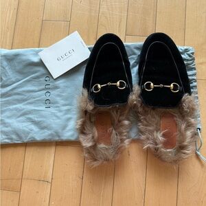 Gucci Black and Brown Fur Loafers